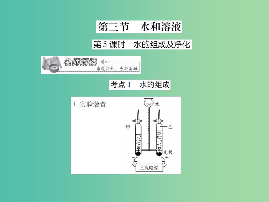 中考化学专题1身边的化学物质第5课时水的组成和净化复习课件_第1页