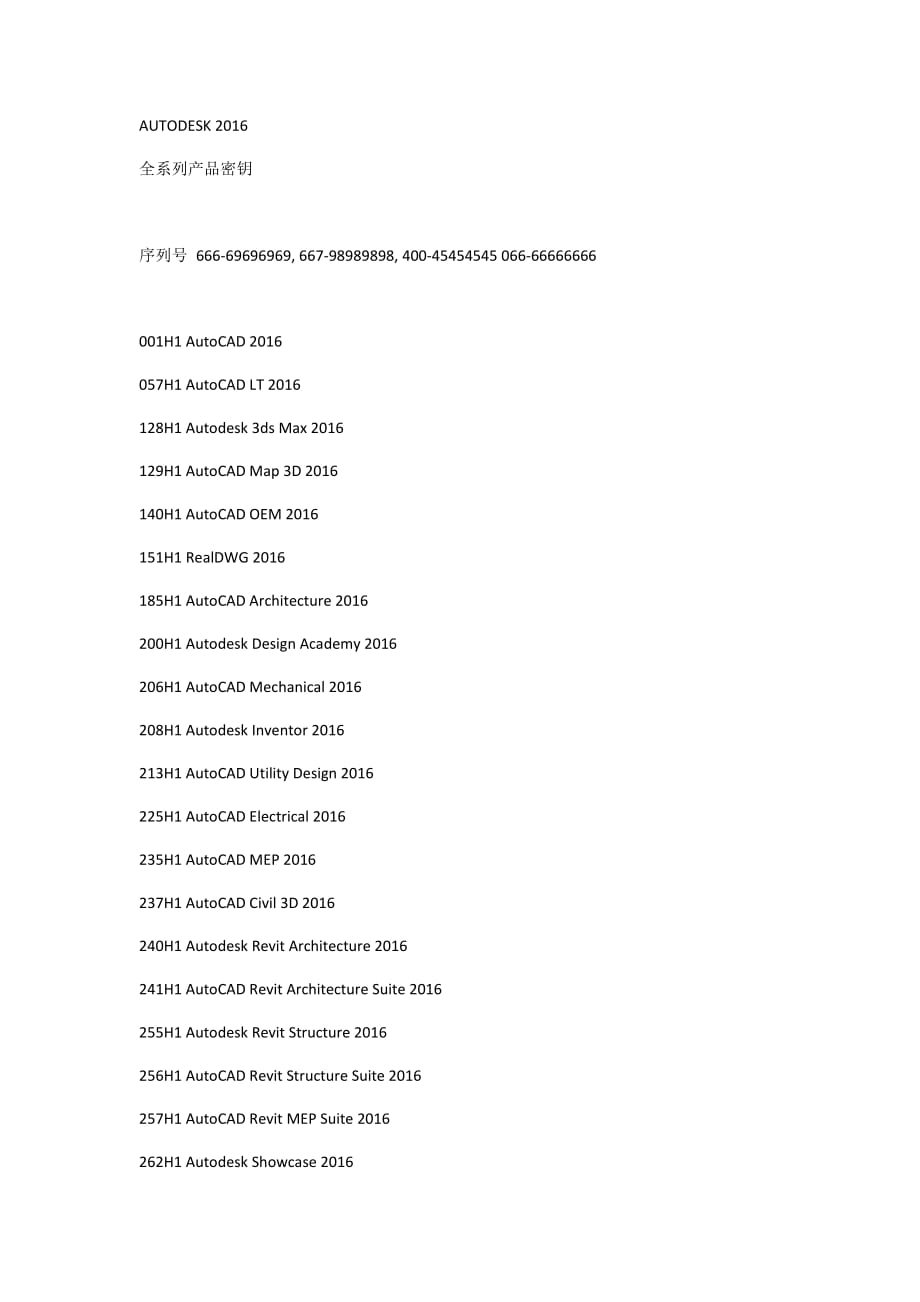 autodesk 2016产品密钥_第1页