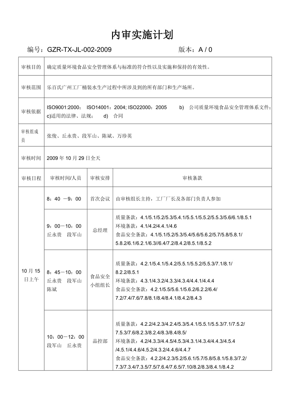 （精品文档）广州工厂2009年内审计划_第2页
