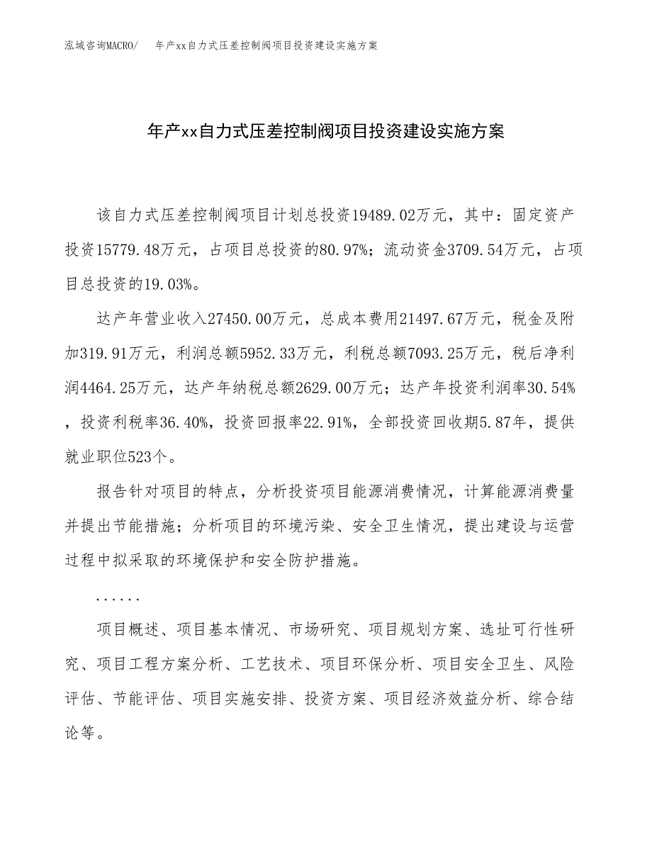 年产xx自力式压差控制阀项目投资建设实施方案.docx_第1页