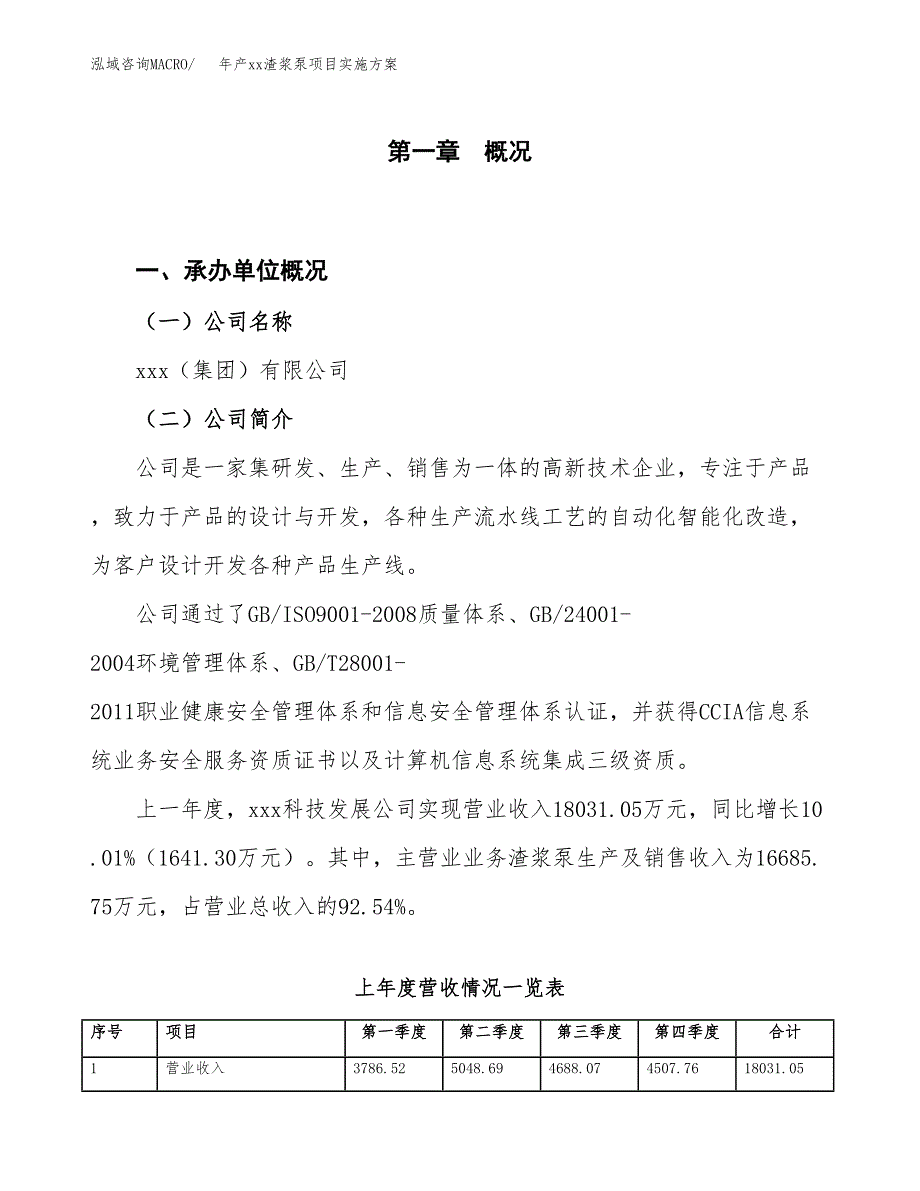 年产xx渣浆泵项目实施方案模板.docx_第1页