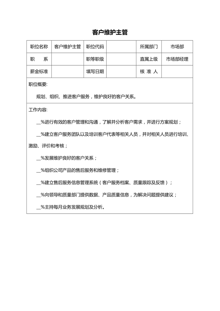 【推荐】2019年客户维护主管岗位说明书_第1页