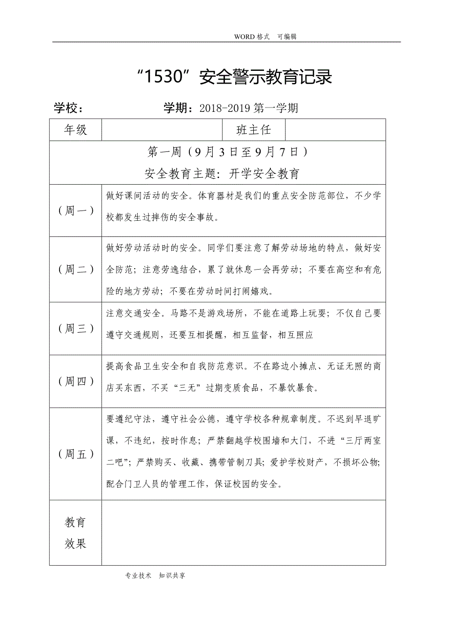 小学1530安全教育记录文本表格式资料_第1页