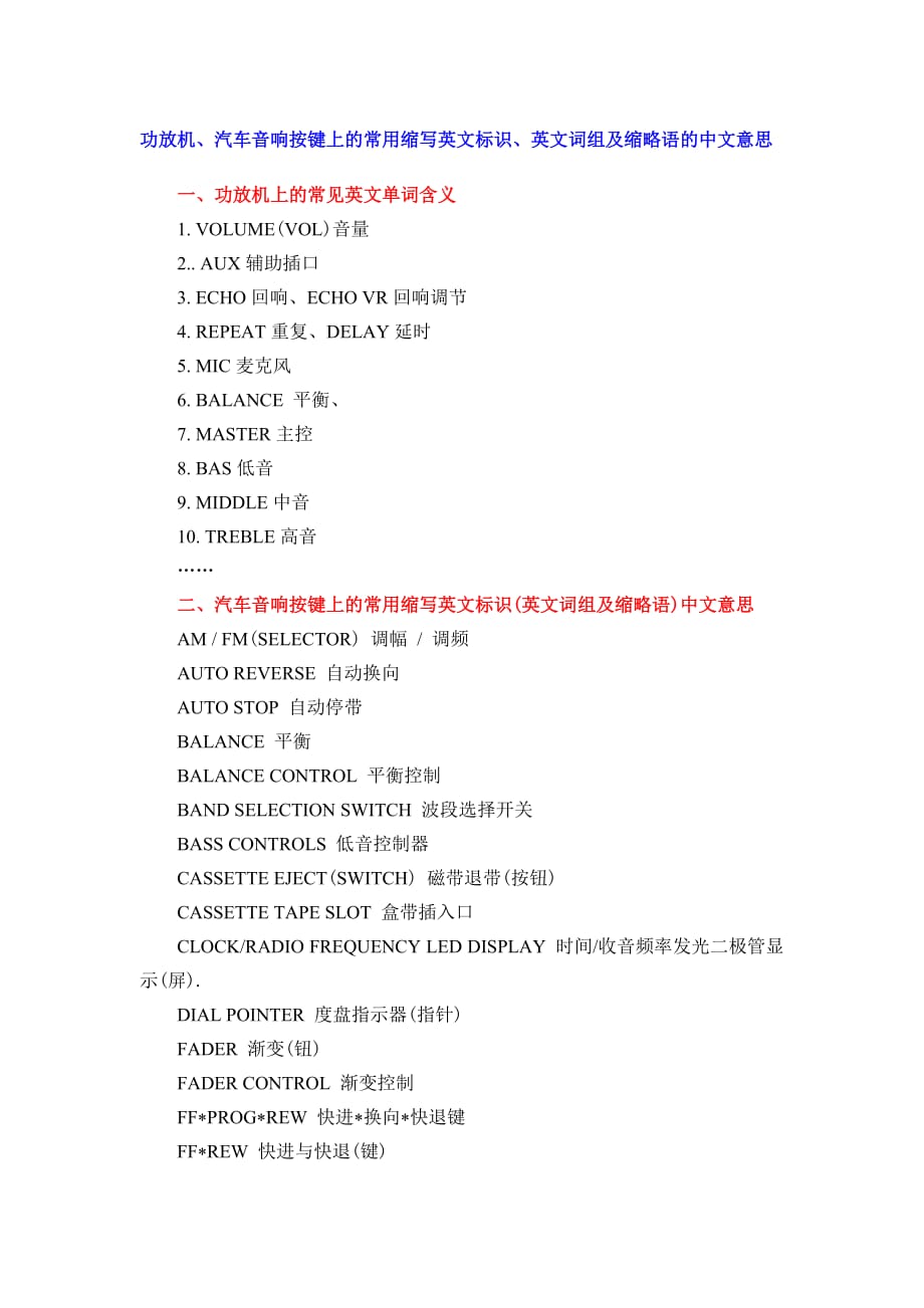 功放机、汽车音响按键上的常用缩写英文标识、英文词组及缩略语的中文意思资料_第1页
