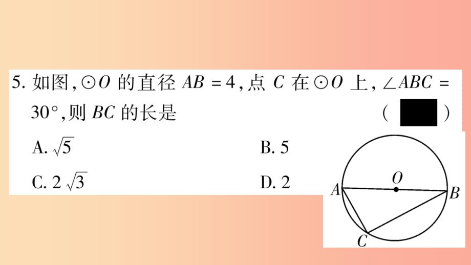 2019-2020学年九年级数学下册 第27章 圆 27.1 圆的认识 27.1.3 圆周角（第1课时）作业课件 华东师大版_第4页