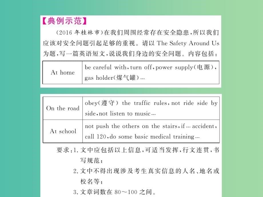 中考英语总复习第一部分分册复习第3讲七下units1-4高频话题写作指导与演练四规则与安全课件人教新目标版_第5页