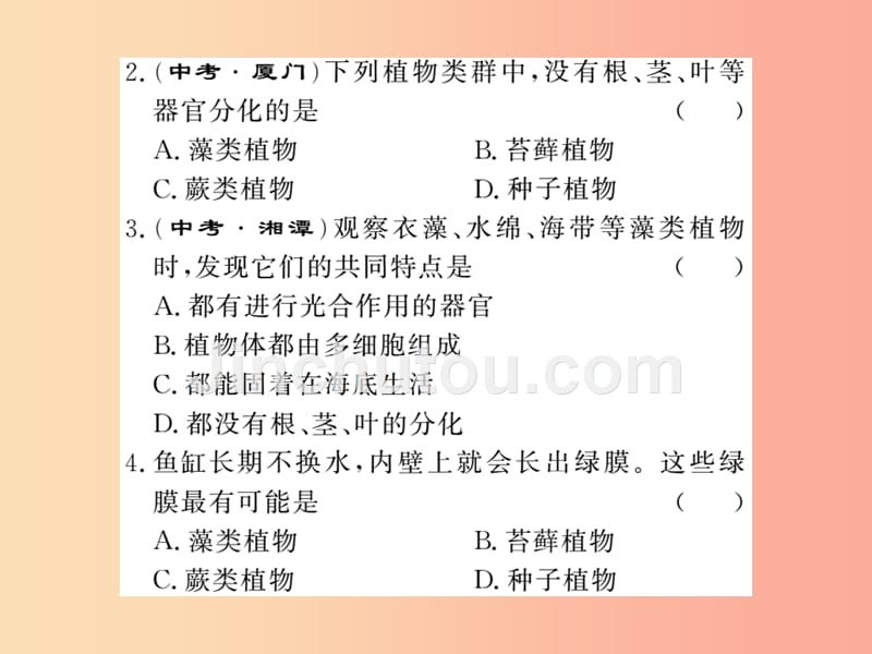 2019年七年级生物上册第3单元第1章第一节藻类苔藓和蕨类植物习题课件 新人教版_第5页