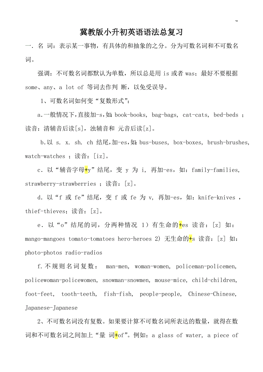 冀教出版小升初中英语语法总复习材料_第1页