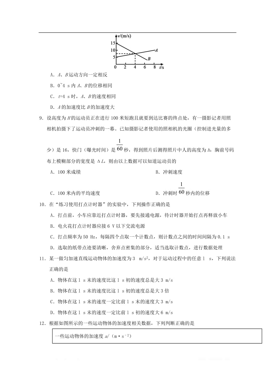 安徽省部分高中2019-2020学年高一物理上学期第一次月考试题_第3页