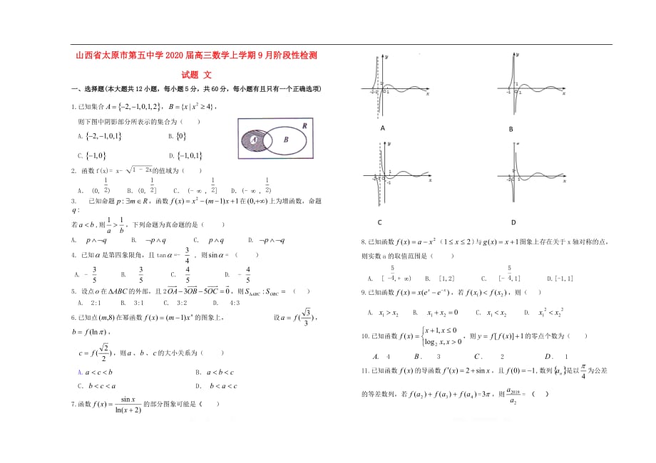 山西省2020届高三数学上学期9月阶段性检测试题文_第1页