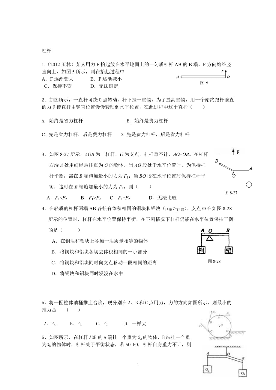 浙教版九年级科学杠杆滑轮专题复习资料_第1页