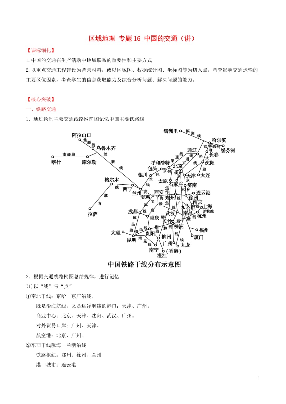2016-2017学年高中地理 区域地理 专题16 中国的交通（讲）（提升版含解析）新人教版必修3_第1页