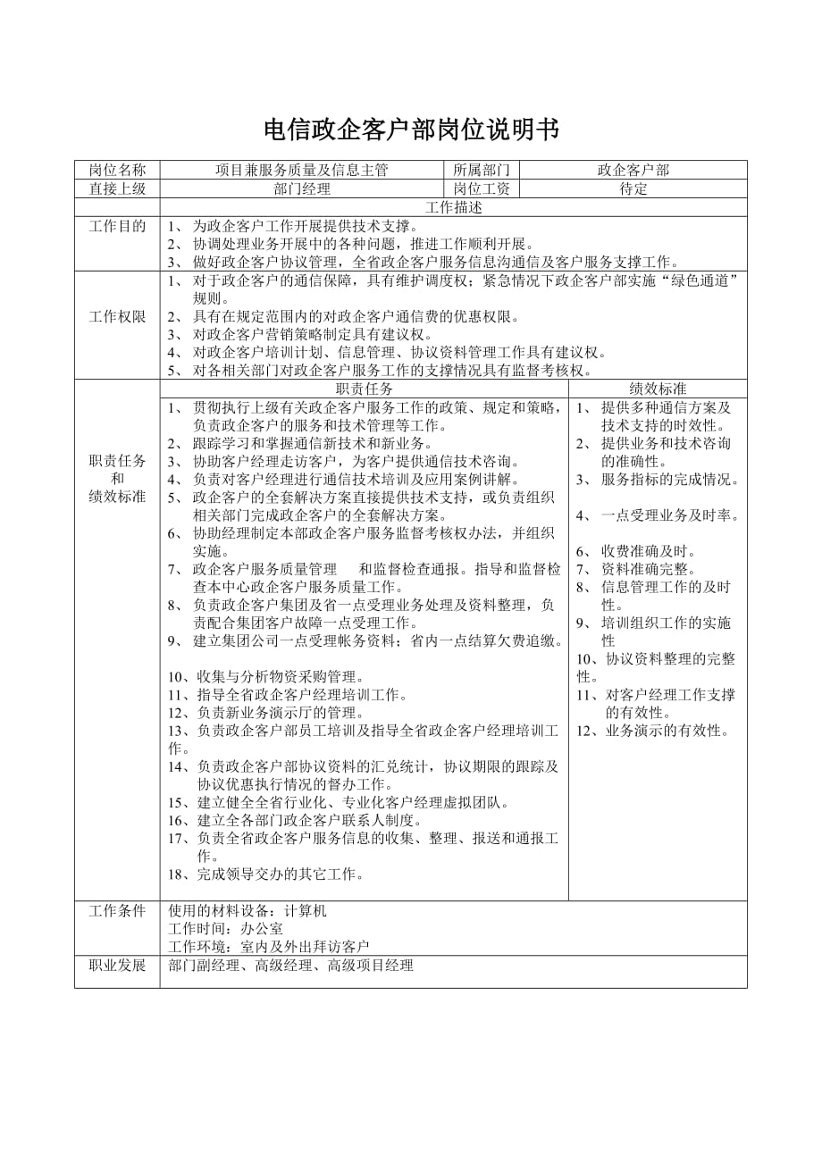 电信政企客户部岗位说明书资料_第1页