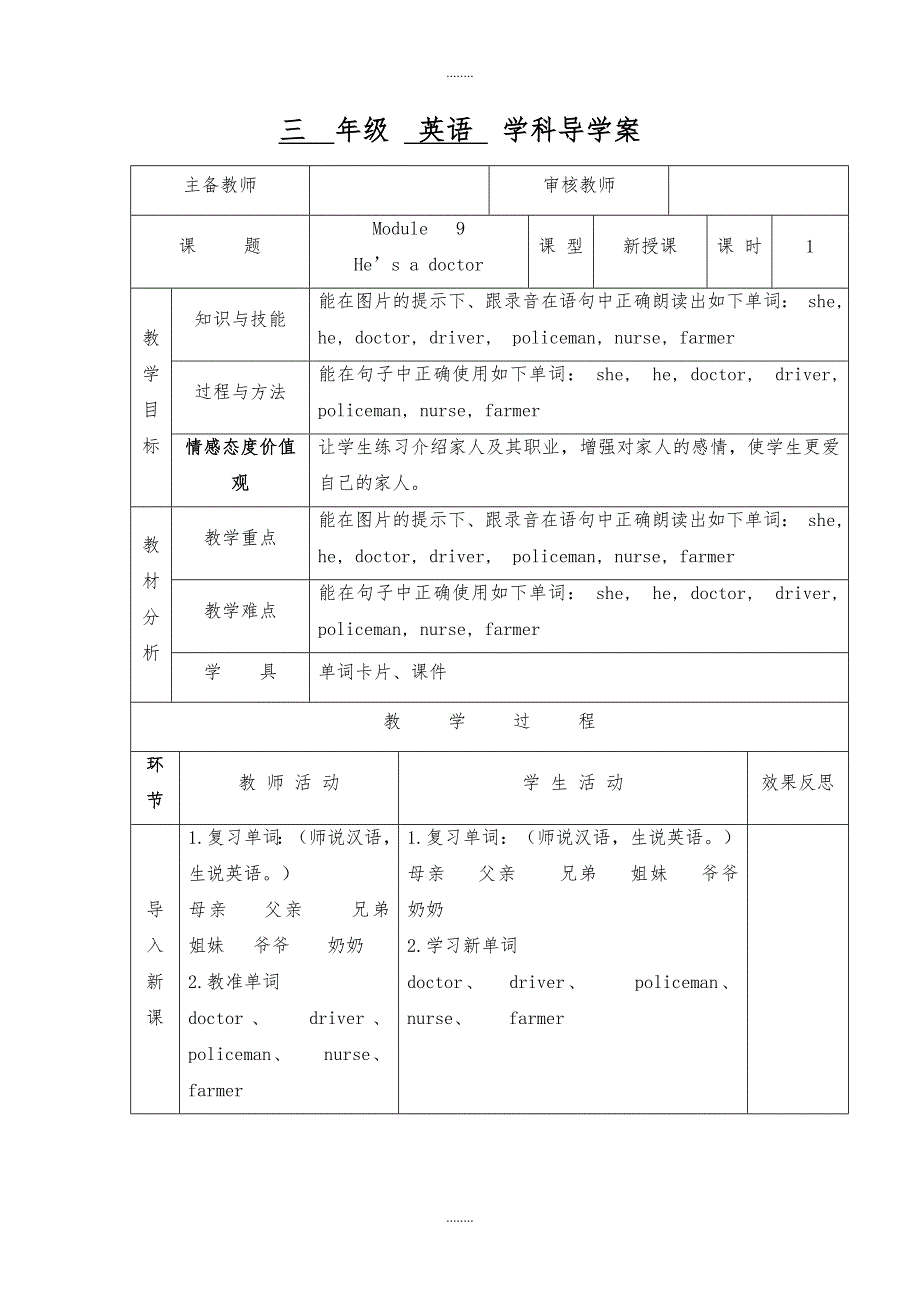 三年级上英语导学案-Module 9 Unit 2 He’s a doctor-外研社（三起）_第1页