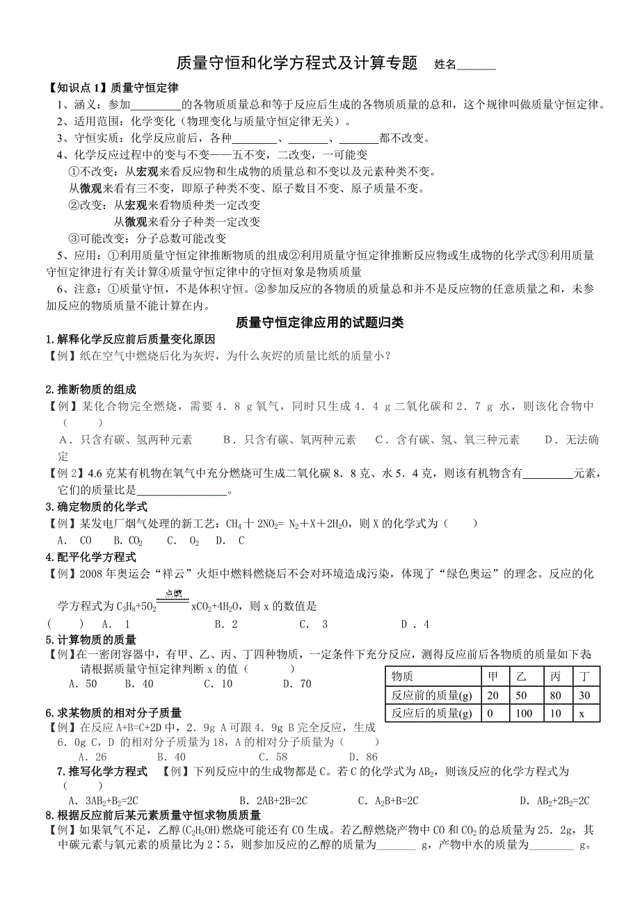 质量守恒和化学方程式及计算专题（含答案）_第1页