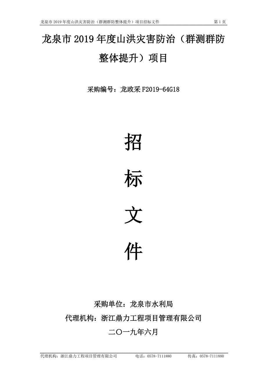 龙泉市2019年度山洪灾害防治（群测群防整体提升）项目招标文件_第1页