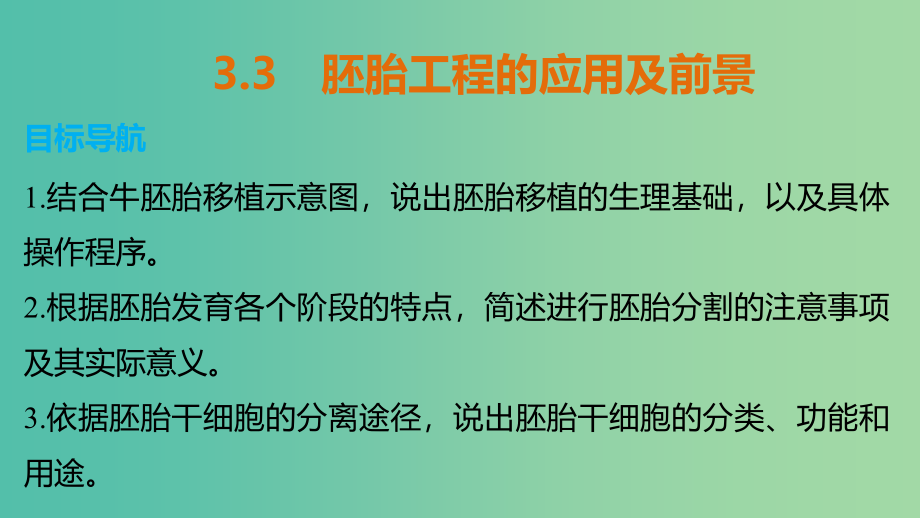 高中生物 专题三 胚胎工程 3.3 胚胎工程的应用及前景课件 新人教版选修3_第1页