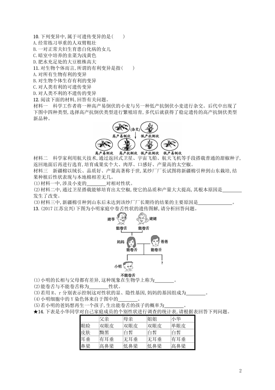 2017_2018学年八年级生物下册7.2.5生物的变异练习新版新人教版_第2页