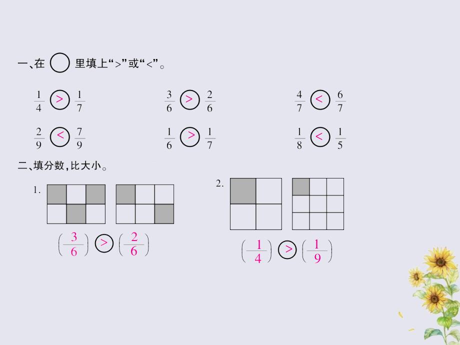 2018-2019学年三年级数学下册 第六单元 认识分数 课时3 比大小作业课件 北师大版_第1页