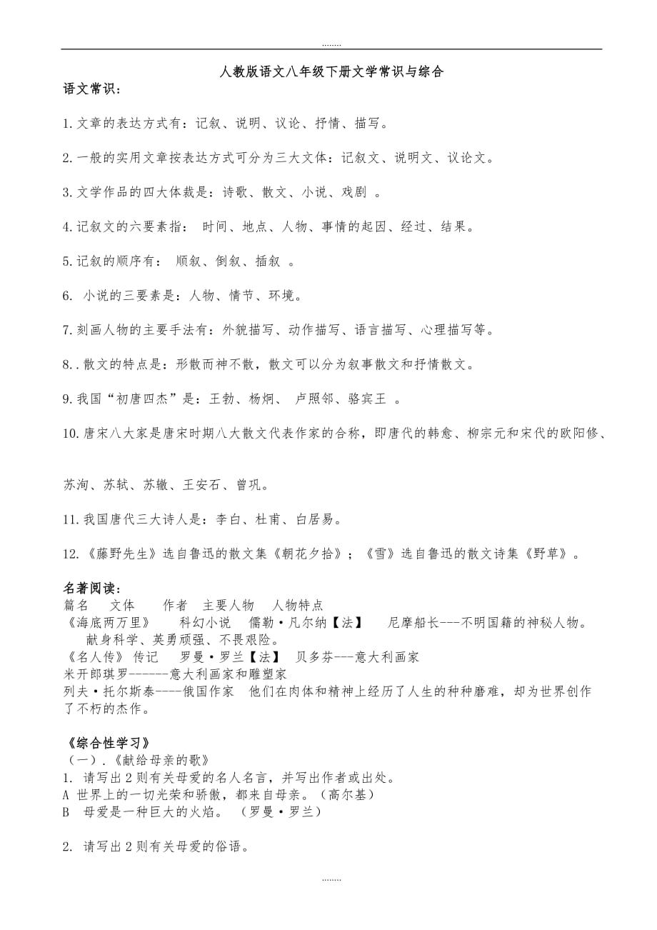 (人教版)初中语文八年级下册期末专项复习：文学常识与综合（精品）_第1页