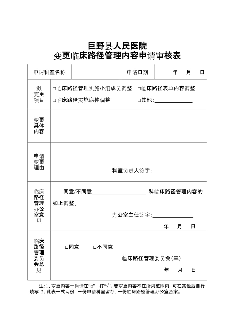 科室用模板-2013年单病种临床路径管理内容申请表_第1页