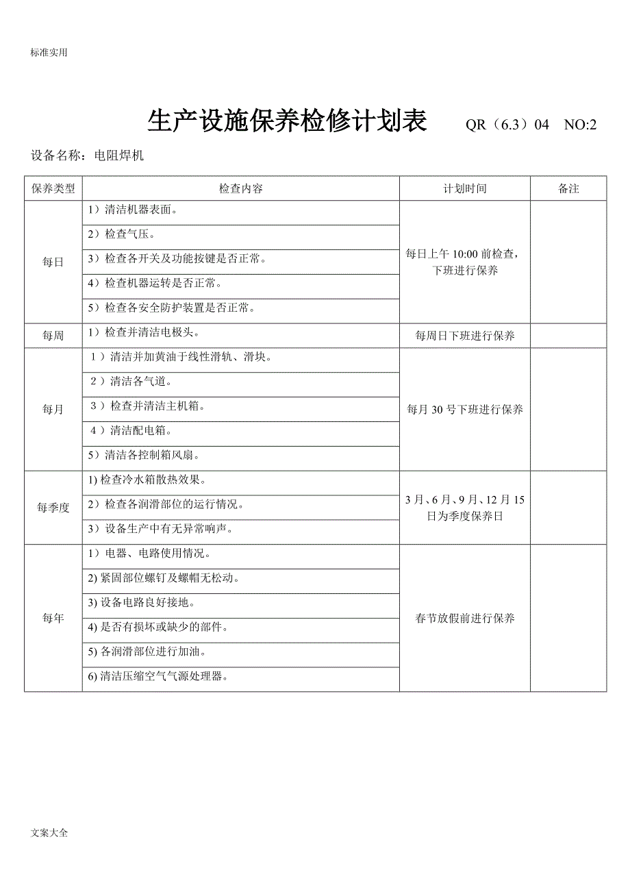 设备维护保养计划清单资料_第2页