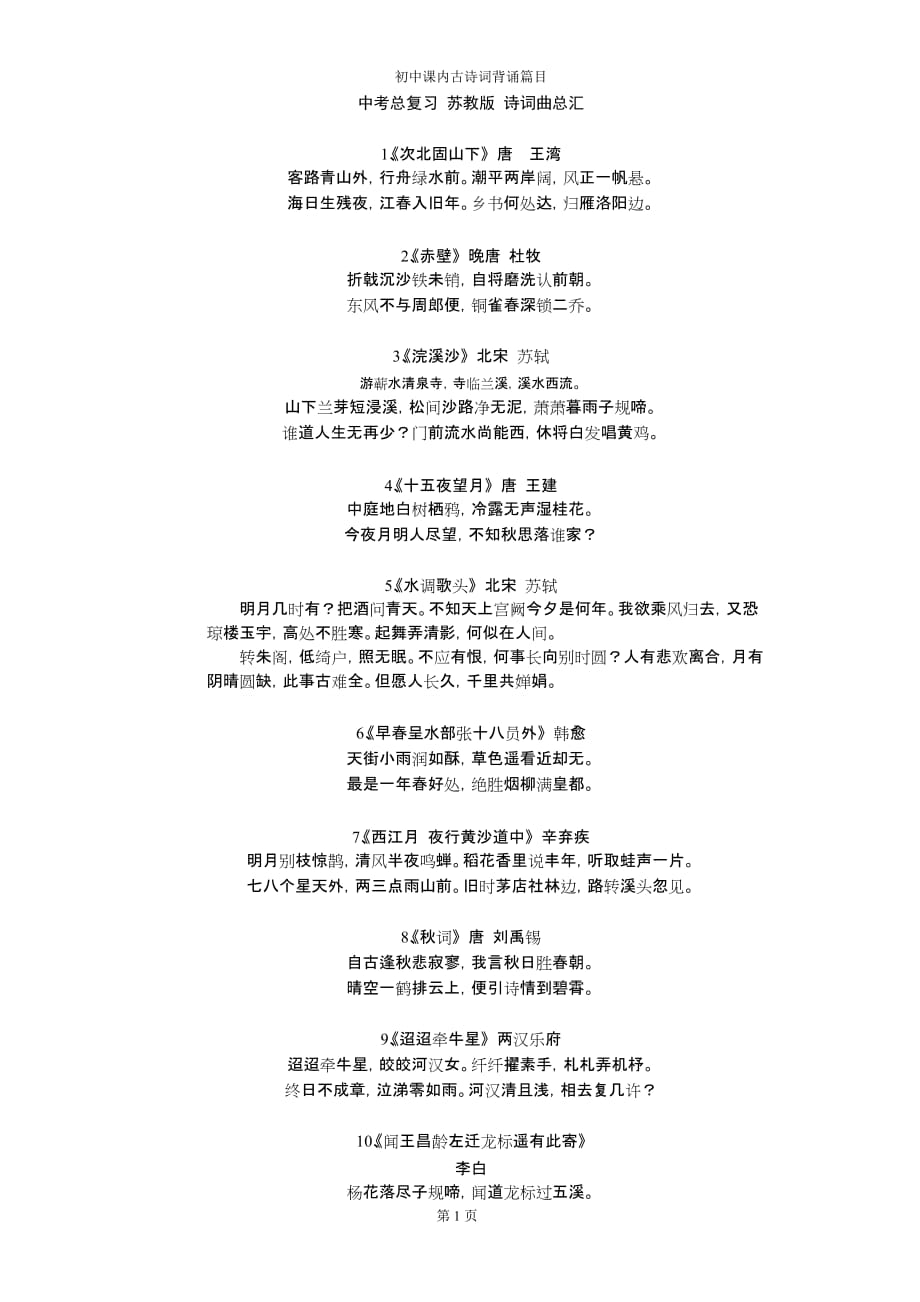 中考语文总复习-苏教版-六册诗词曲总汇_第1页