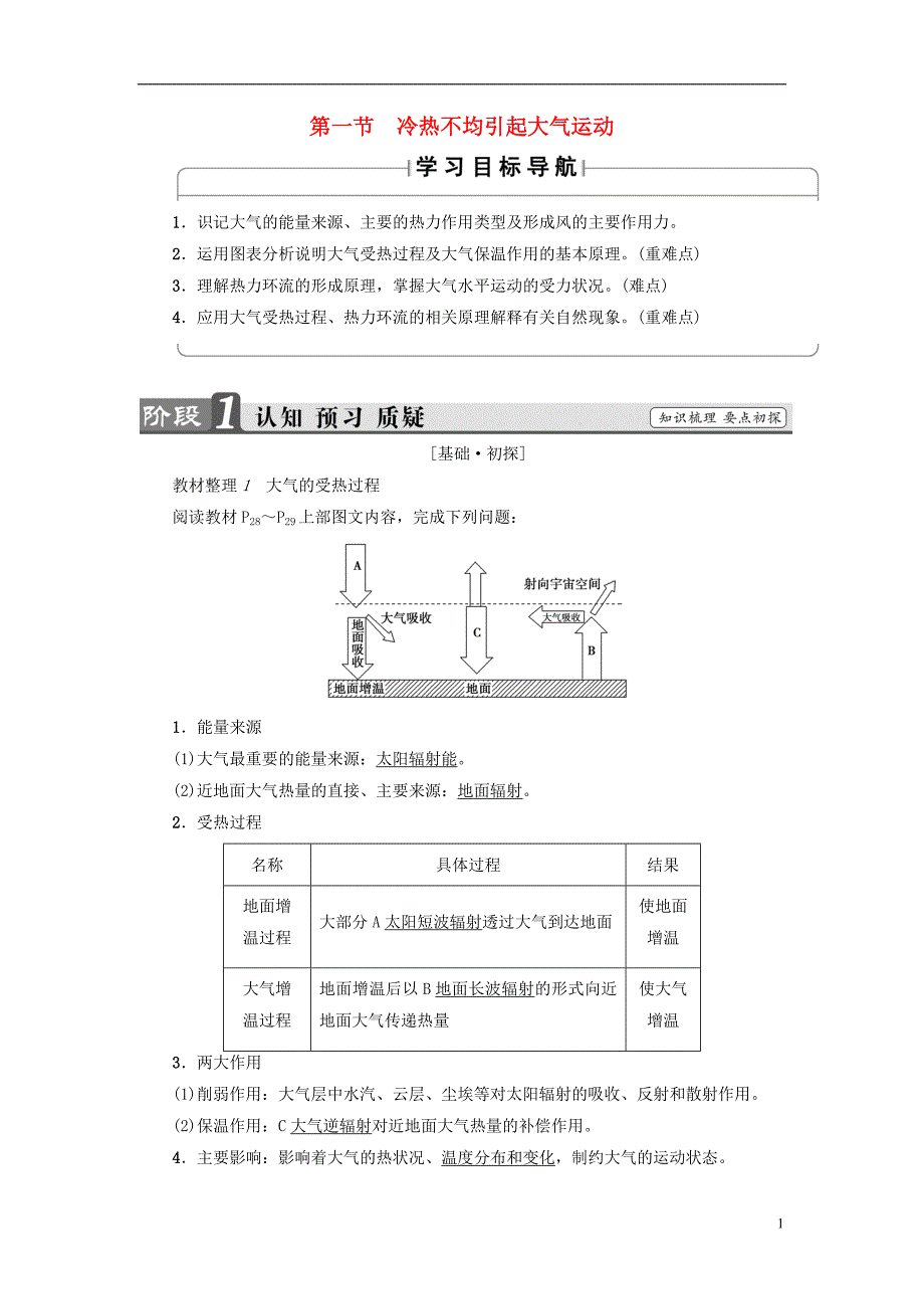 2017_2018年高中地理第2章地球上的大气第1节冷热不均引起大气运动学案新人教版必修_第1页