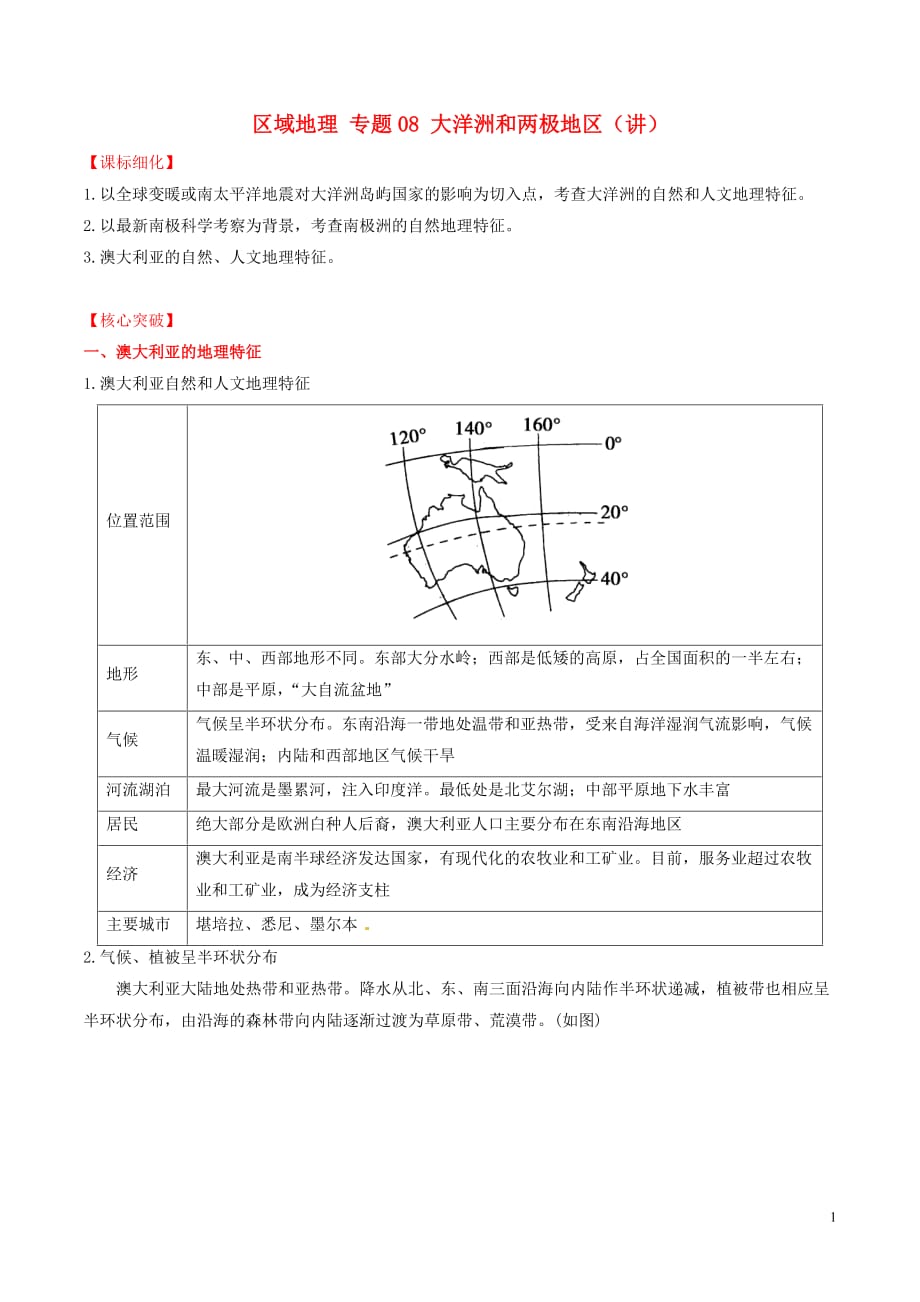 2016-2017学年高中地理 区域地理 专题08 大洋洲和两极地区（讲）（提升版含解析）新人教版必修3_第1页