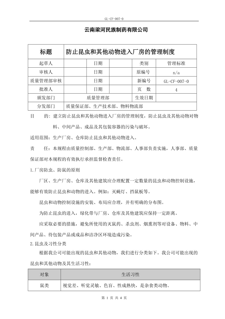 GL-CF-007-0防止昆虫和其他动物进入厂房的管理制度_第1页