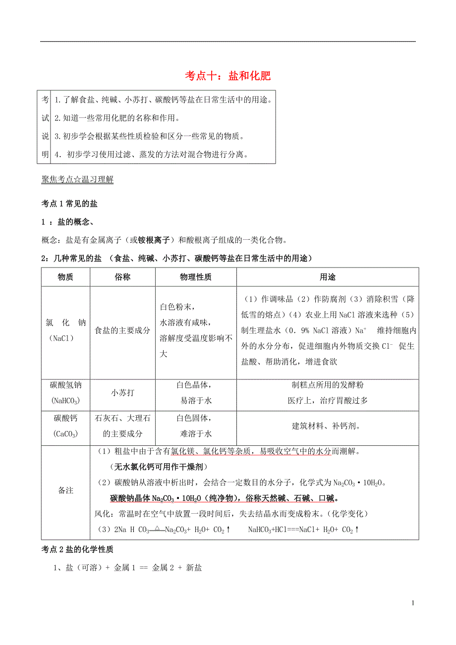 2017年中考化学 黄金知识点系列 专题10 盐和化肥_第1页