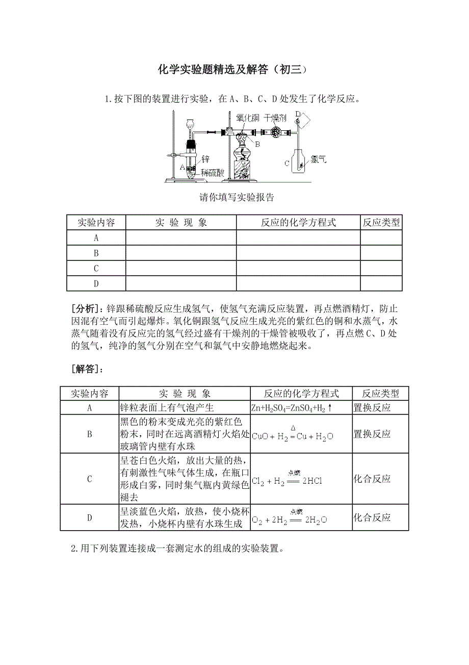 初中化学实验题精选(含分析解答).doc_第1页