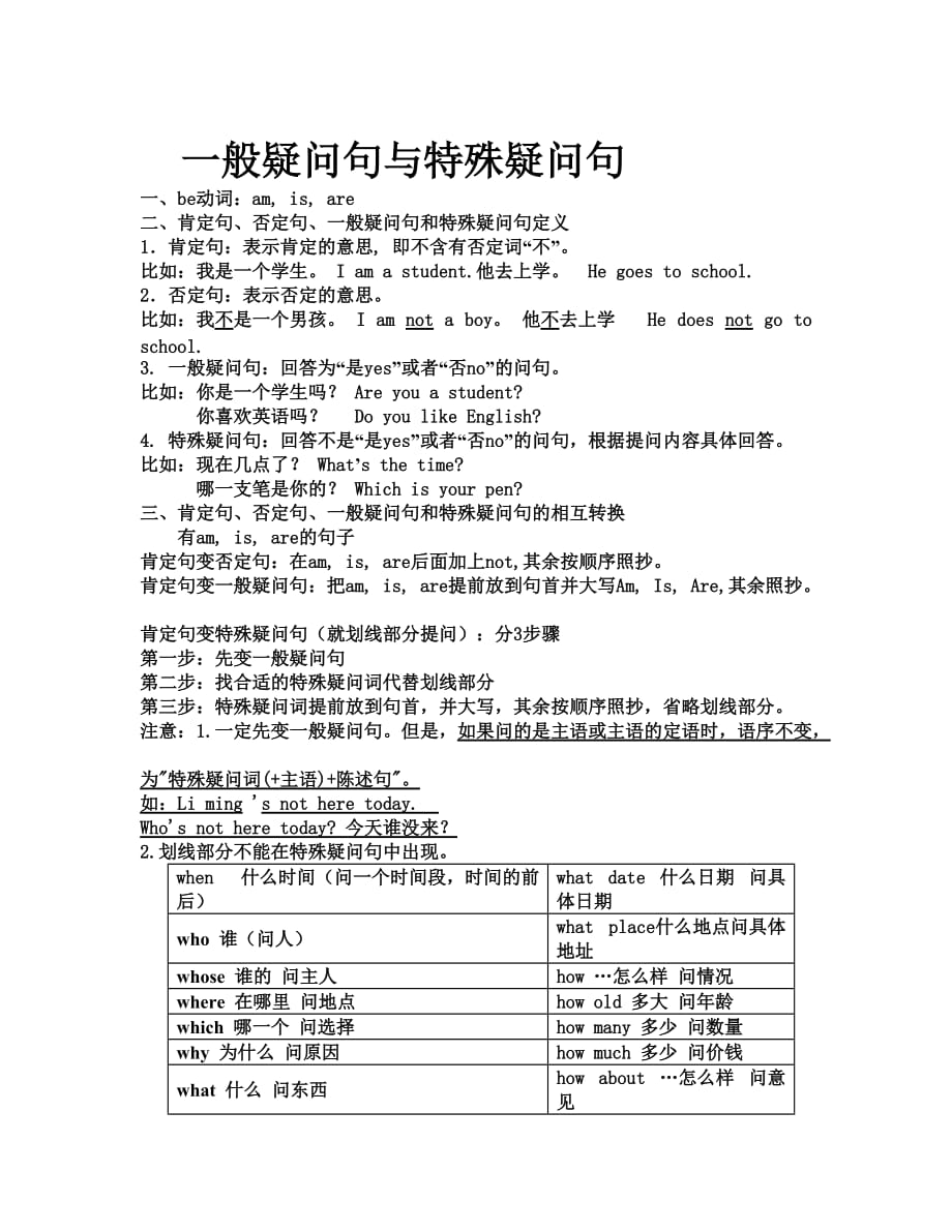 七年级上一般疑问句与特殊疑问句练习.doc_第1页