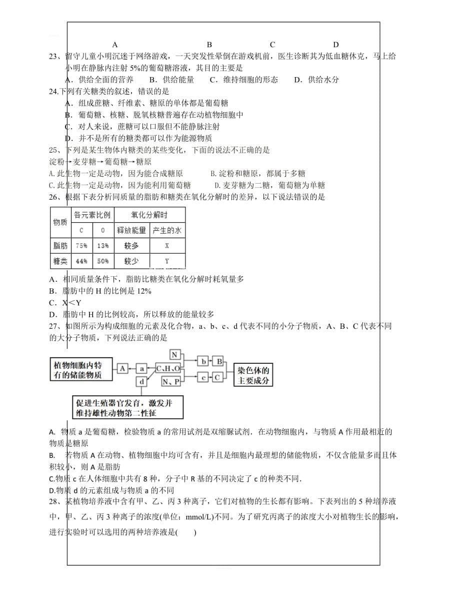 湖南省2018-2019学年高一上学期期中考试生物（含答案）_第5页