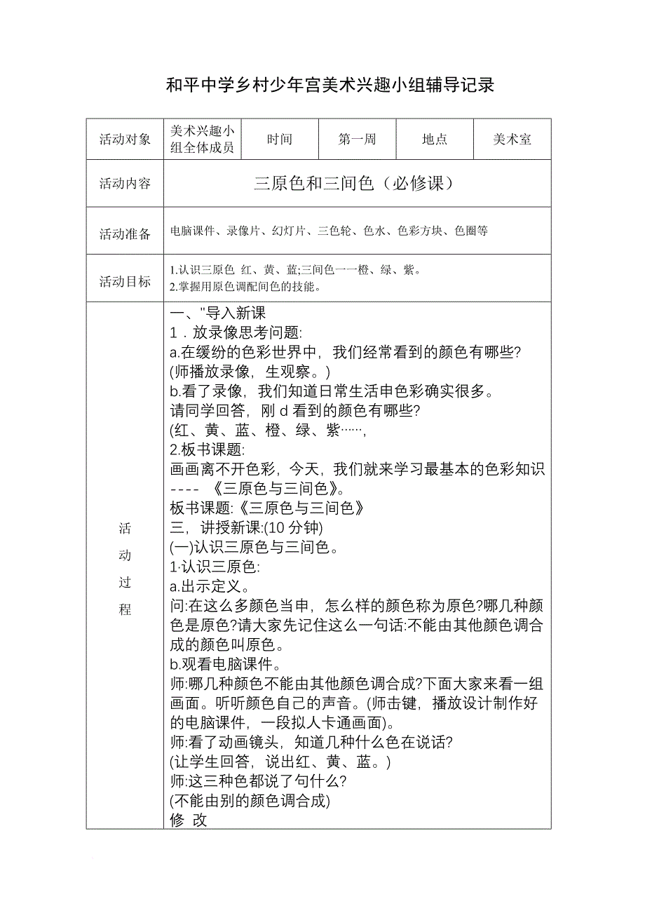 乡村少年宫美术兴趣小组活动记录(教案).doc_第1页