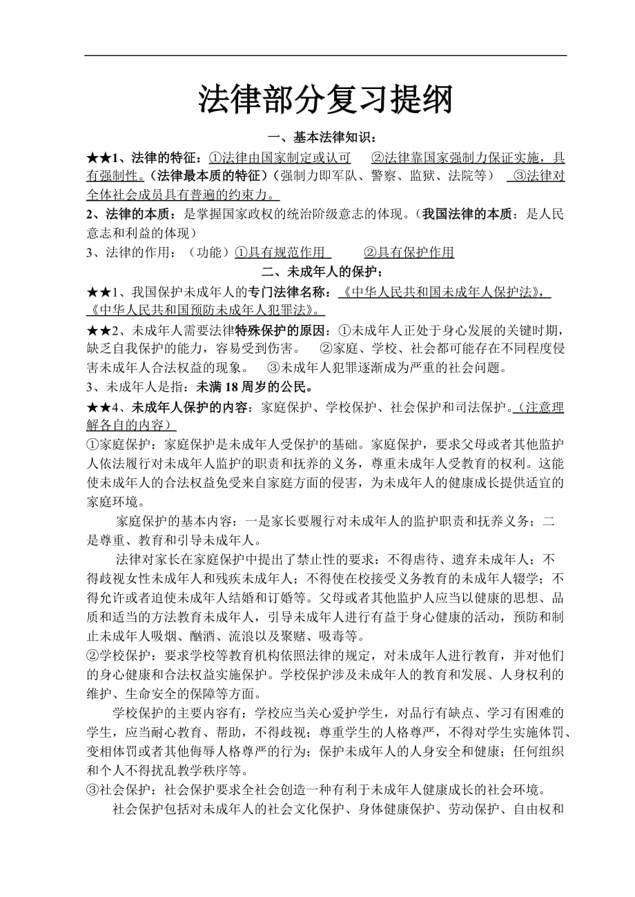 初中思想品德法律部分复习提纲.doc_第1页