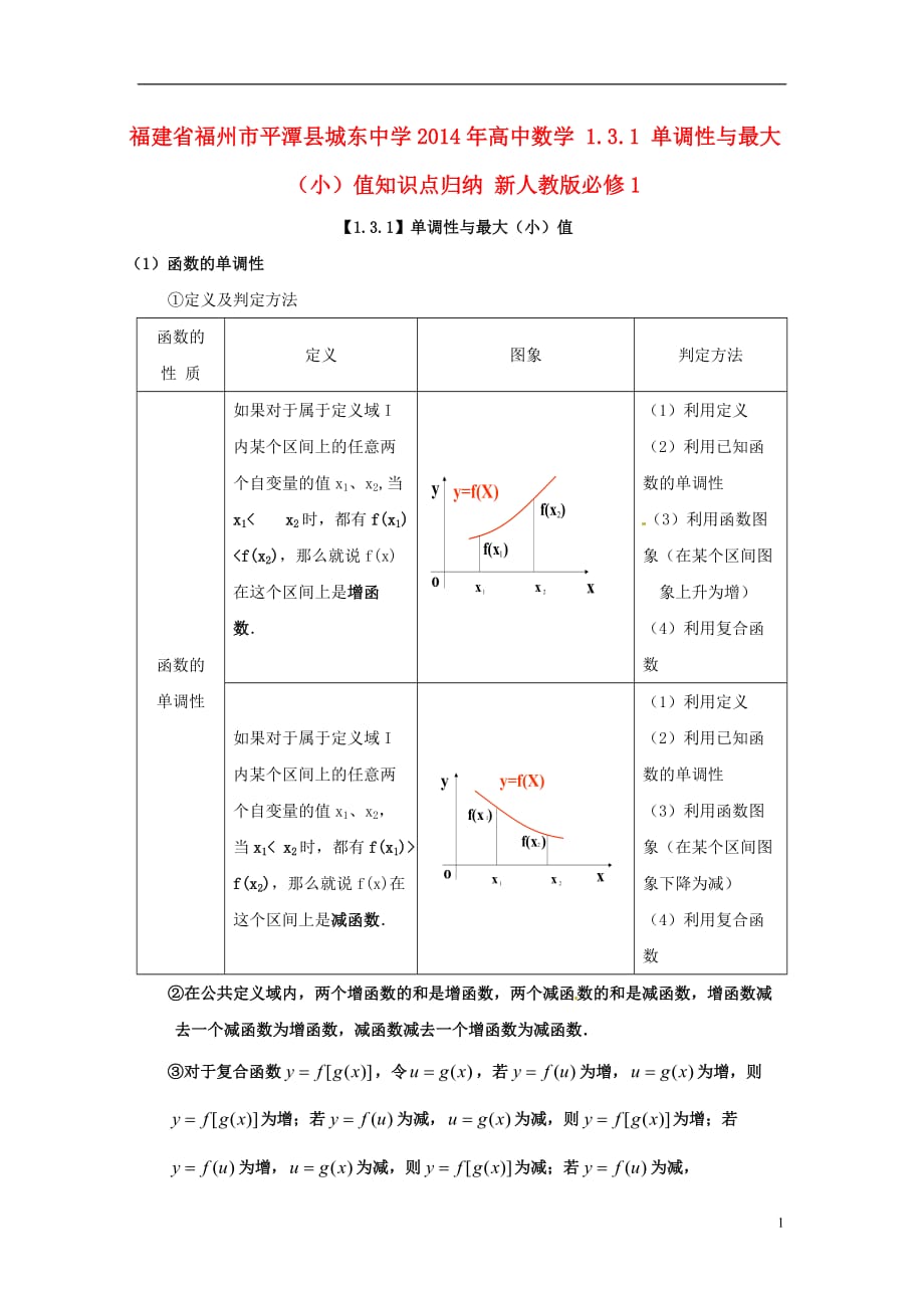 福建省福州市平潭县城东中学2014年高中数学 1.3.1 单调性与最大（小）值知识点归纳 新人教版必修_第1页