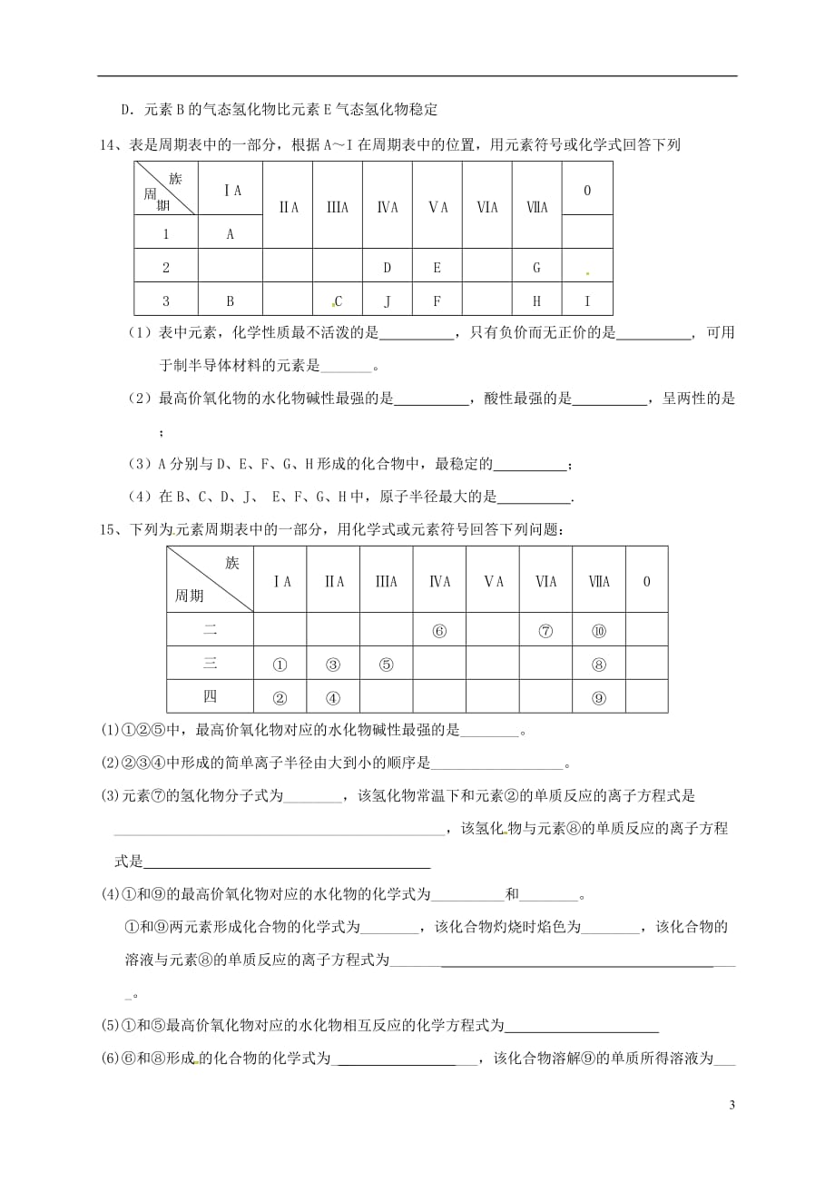 江苏省海门市高中化学 第一章 物质结构元素周期律检测（第1课时）（无答案）新人教版必修2_第3页