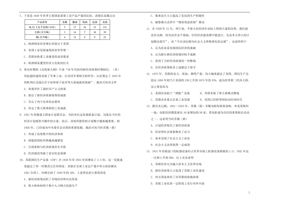 2019高中历史 第七单元 苏联社会主义的建设单元测试（二）新人教版必修2_第2页