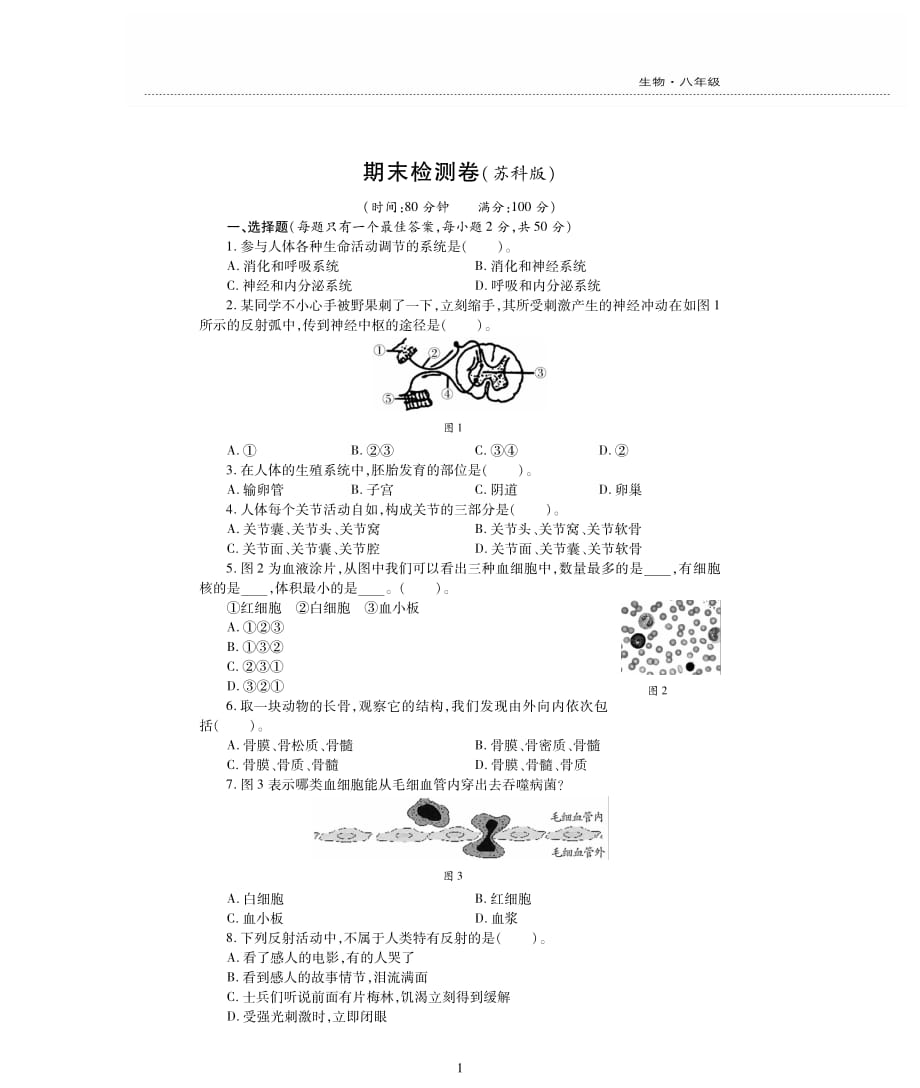 新素质方略2016年秋八年级生物上学期期末检测题（pdf无答案） 苏科版_第1页