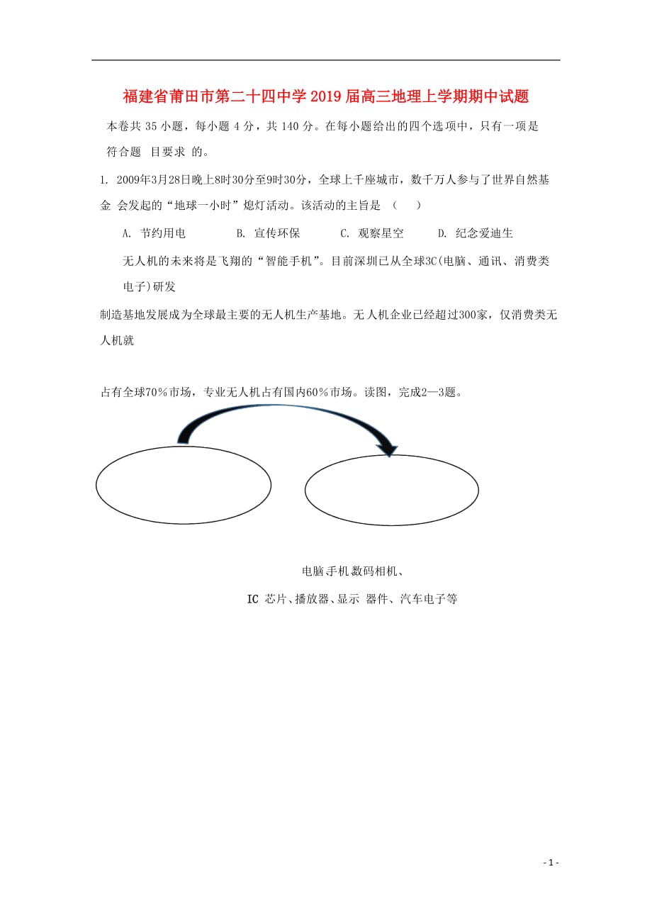 福建省莆田市第二十四中学2019届高三地理上学期期中试题_第1页