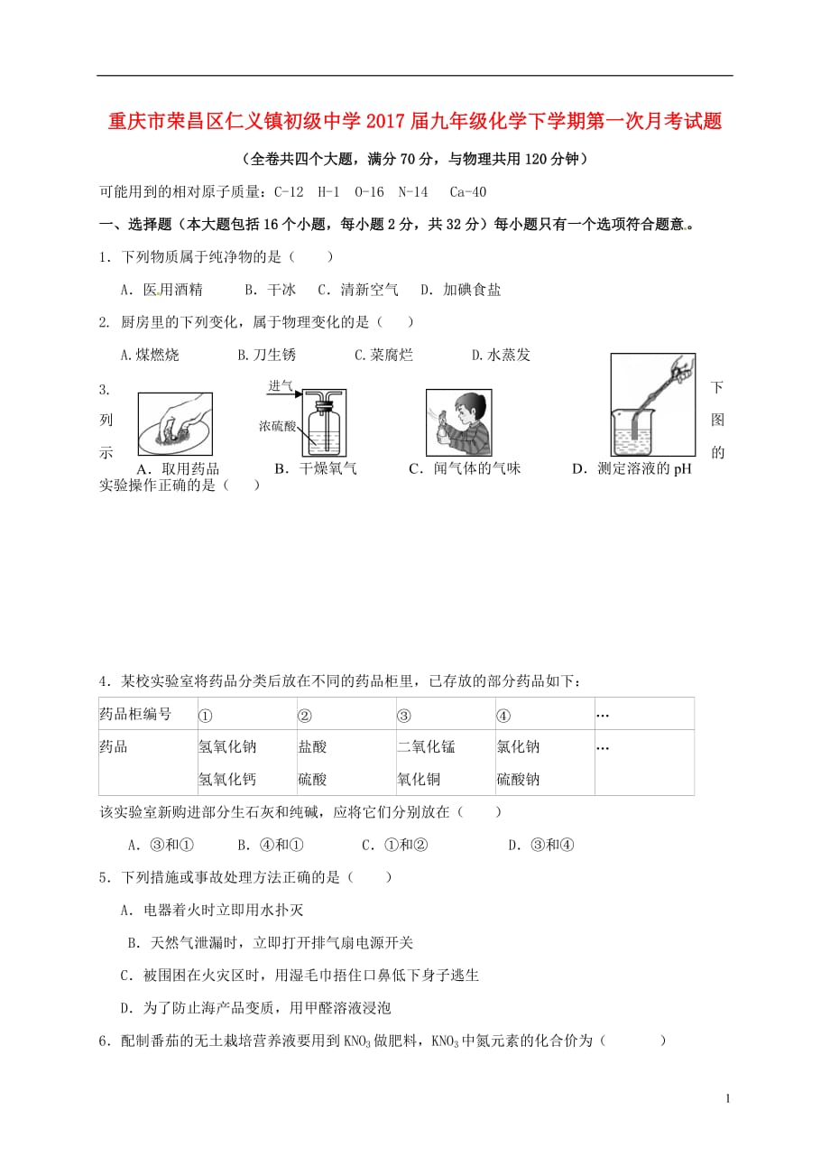 重庆市荣昌区初级中学2017届九年级化学下学期第一次月考试题无答案_第1页