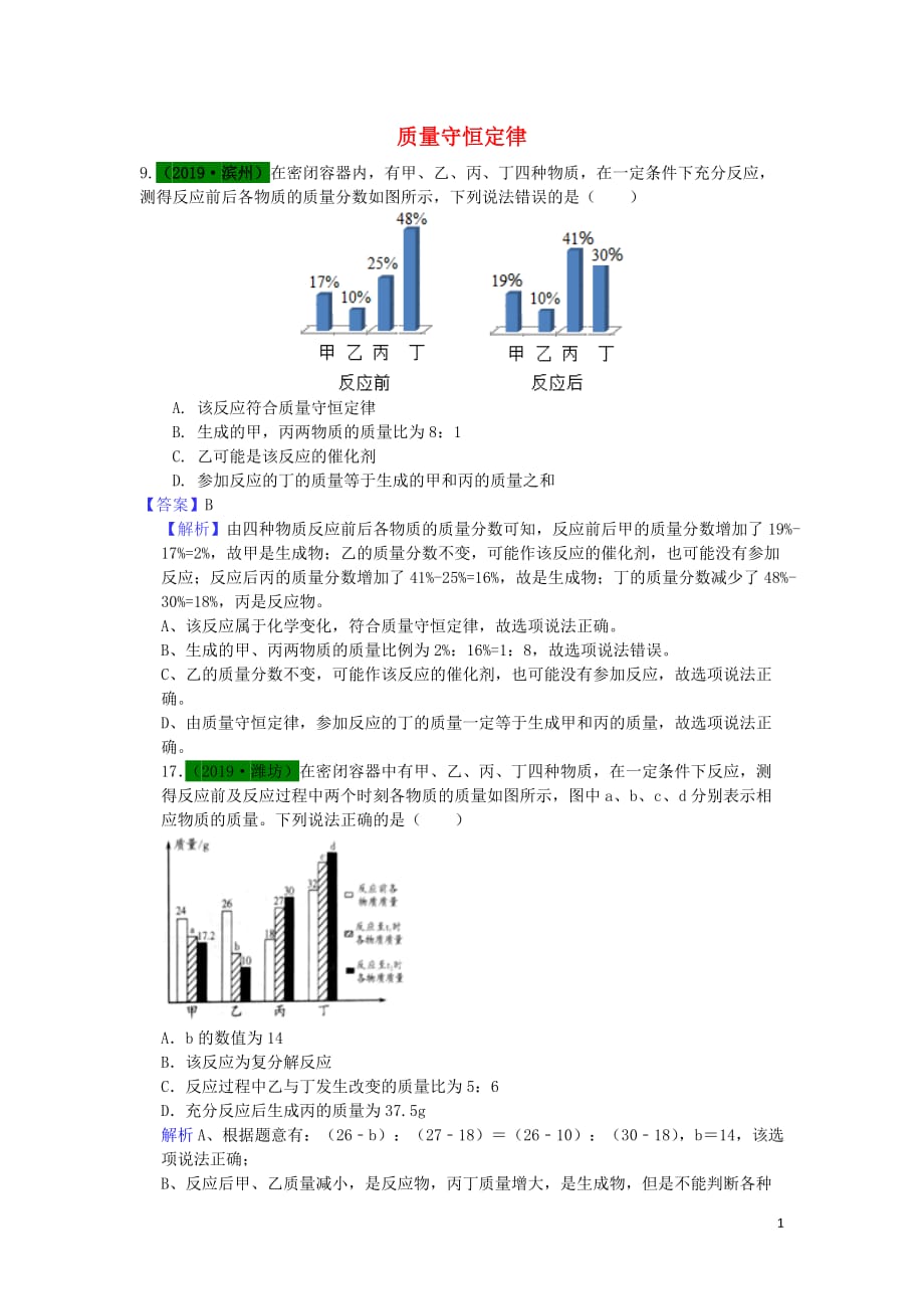 山东省2019年中考化学试题汇编 质量守恒定律（含解析）_第1页