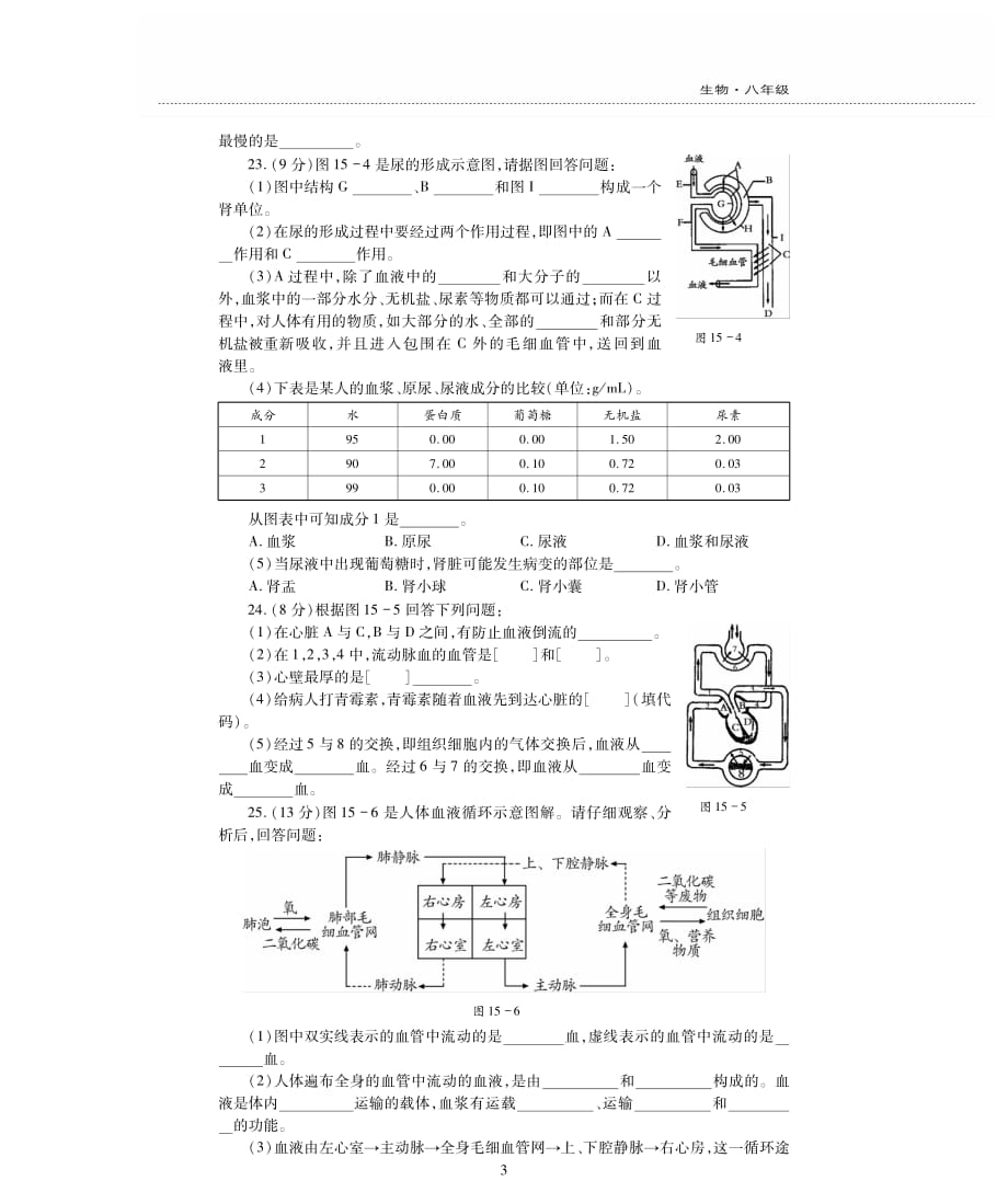 新素质方略2016年秋八年级生物上册 第十五章 人体内平衡的维持检测题（pdf无答案） 苏科版_第3页