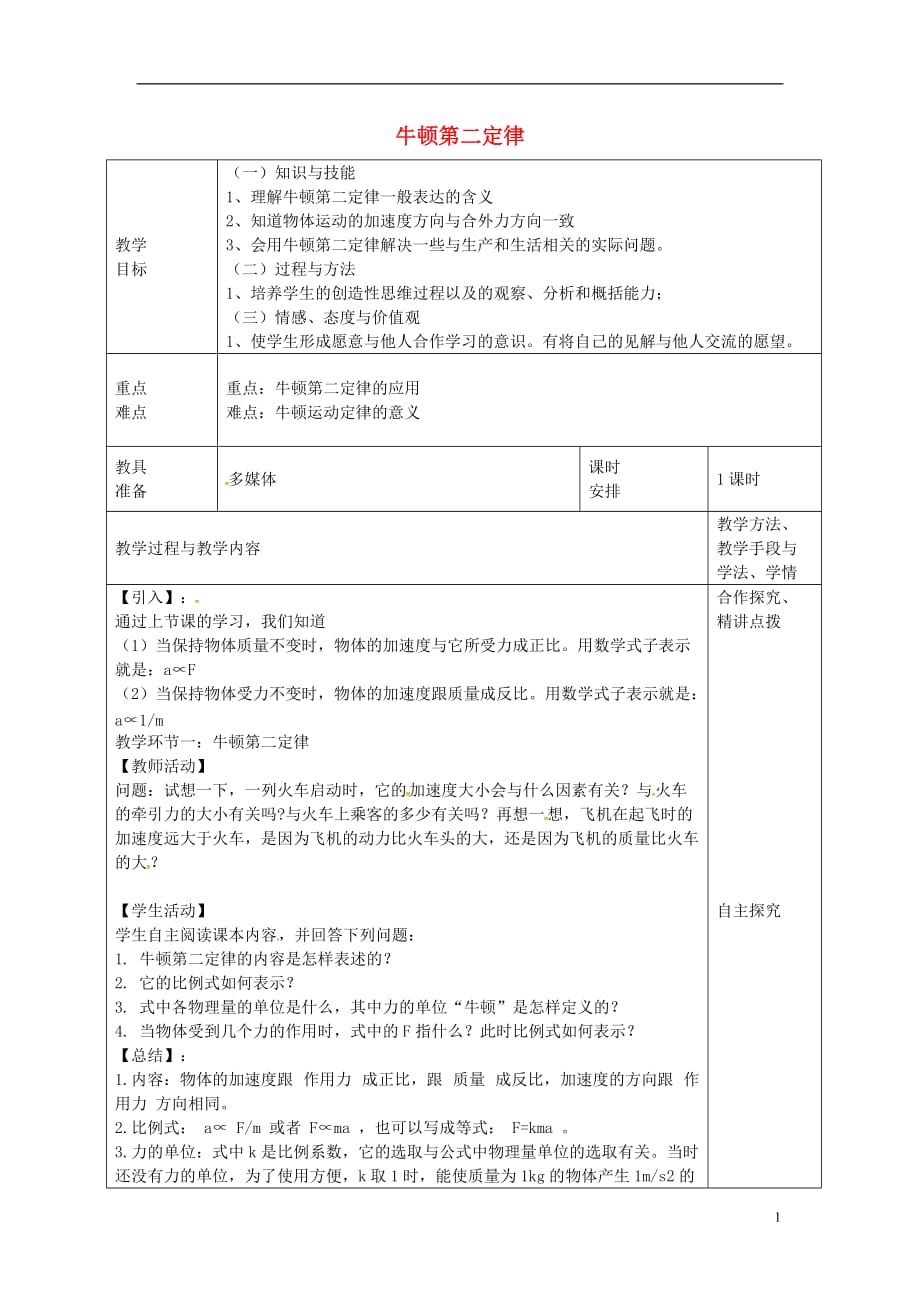 广东省揭阳市第三中学高中物理 4.3 牛顿第二定律教案1 新人教版必修1_第1页