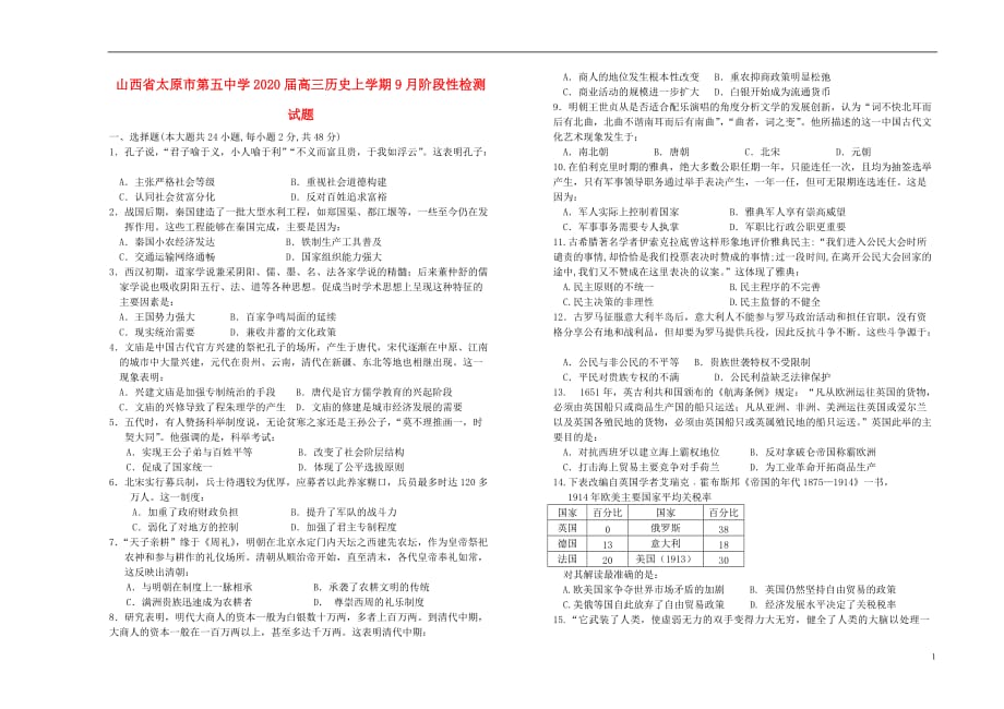 山西省2020届高三历史上学期9月阶段性检测试题2019091602105_第1页