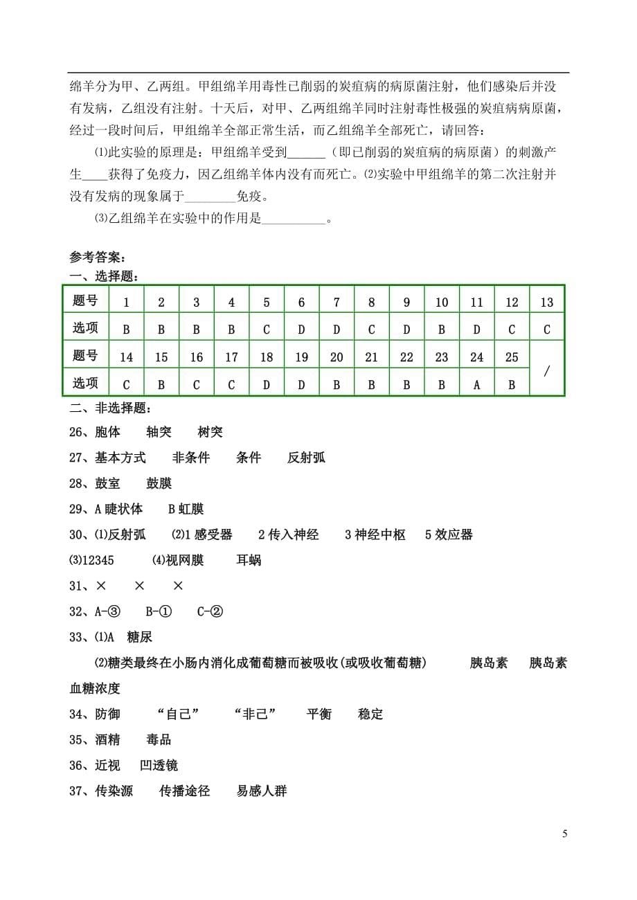 福建省连城县2015-2016学年七年级生物下学期形成性检测题二 北师大版_第5页