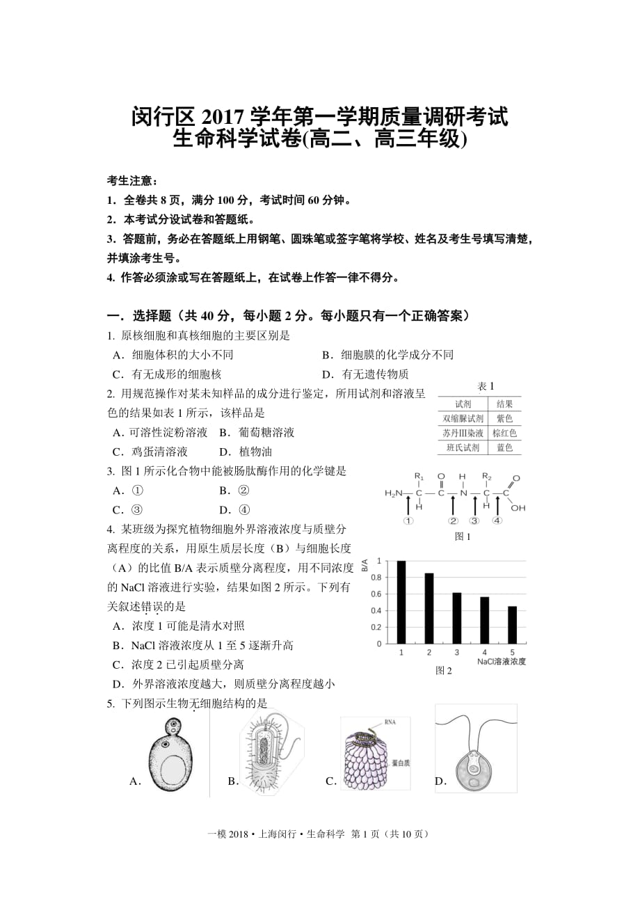 2018年上海闵行生命科学一模试卷及答案资料_第1页