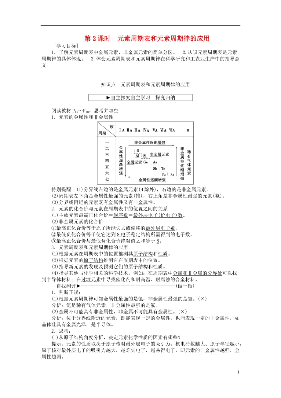 优化方案2016版高中化学 第一章 物质结构 元素周期律 第二节 元素周期律（第2课时）元素周期表和元素周期律的应用学案 新人教版必修2_第1页