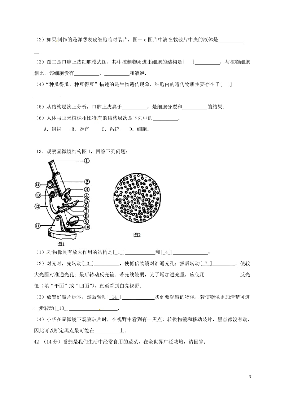 重庆市云阳县复兴初级中学等三校2017届九年级生物上学期第一次月考试题无答案201612261113_第3页